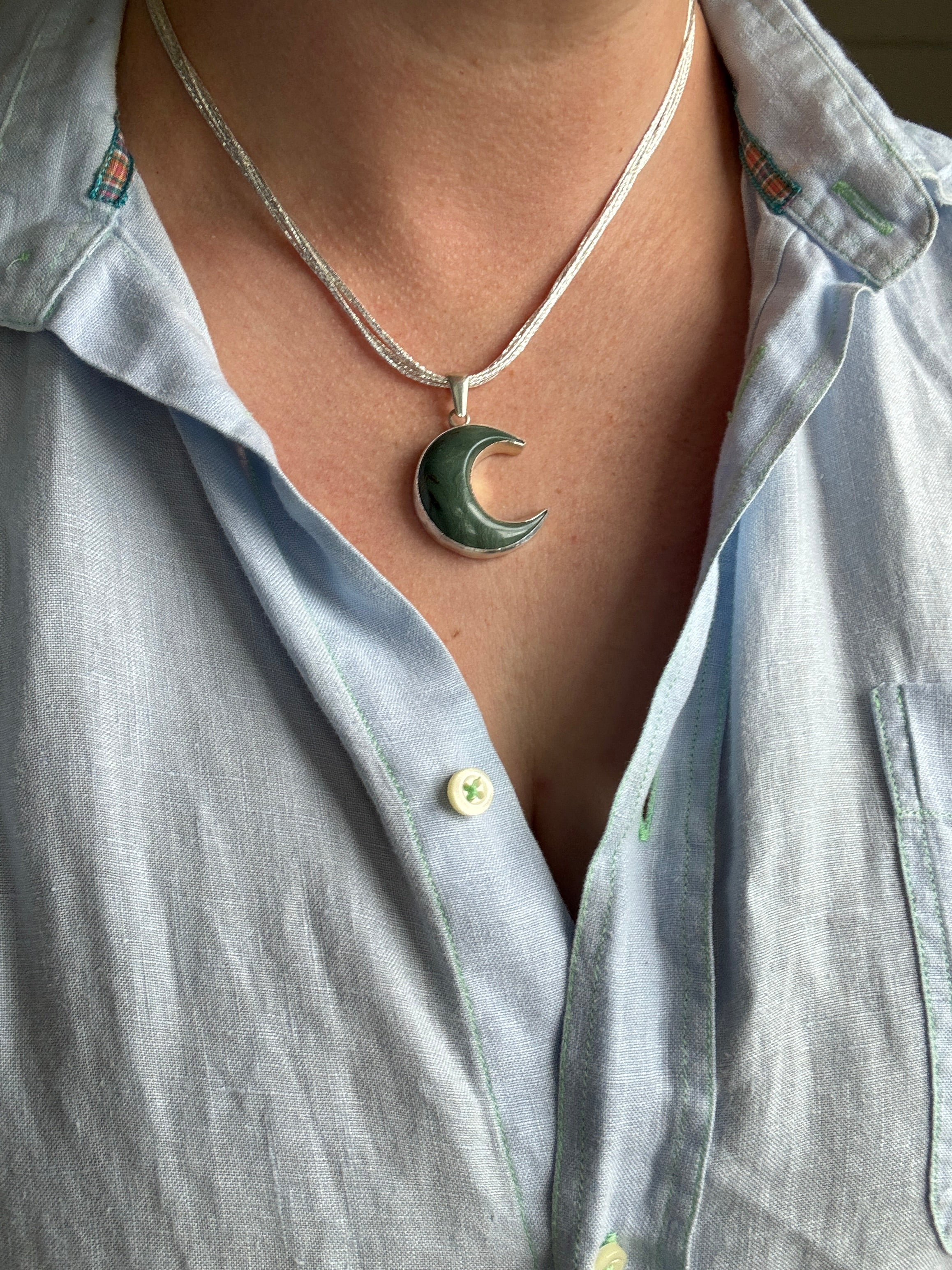green caldera jasper crescent moon pendant
