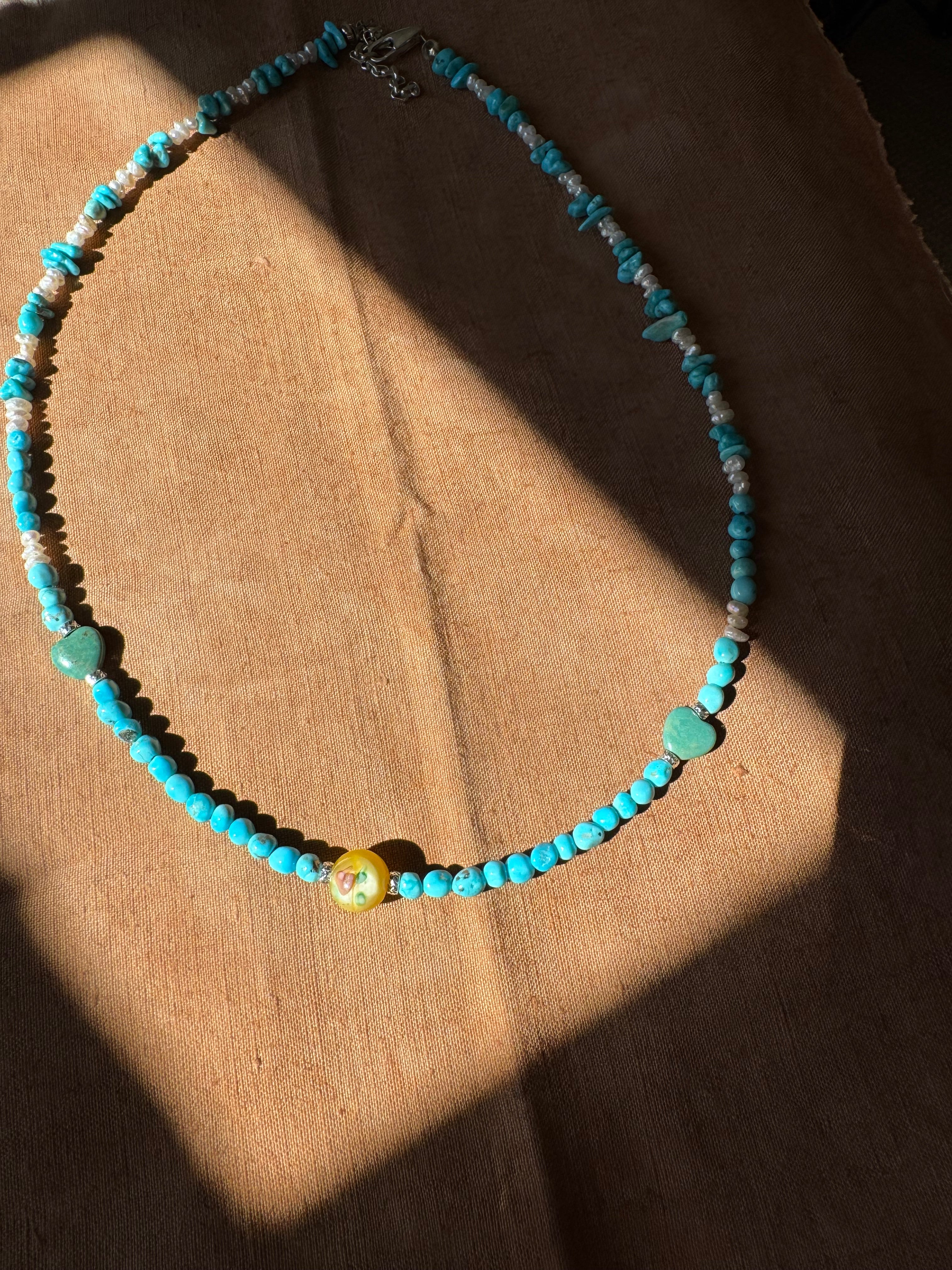 Turquoise, Pearl & Heart Bead Necklace