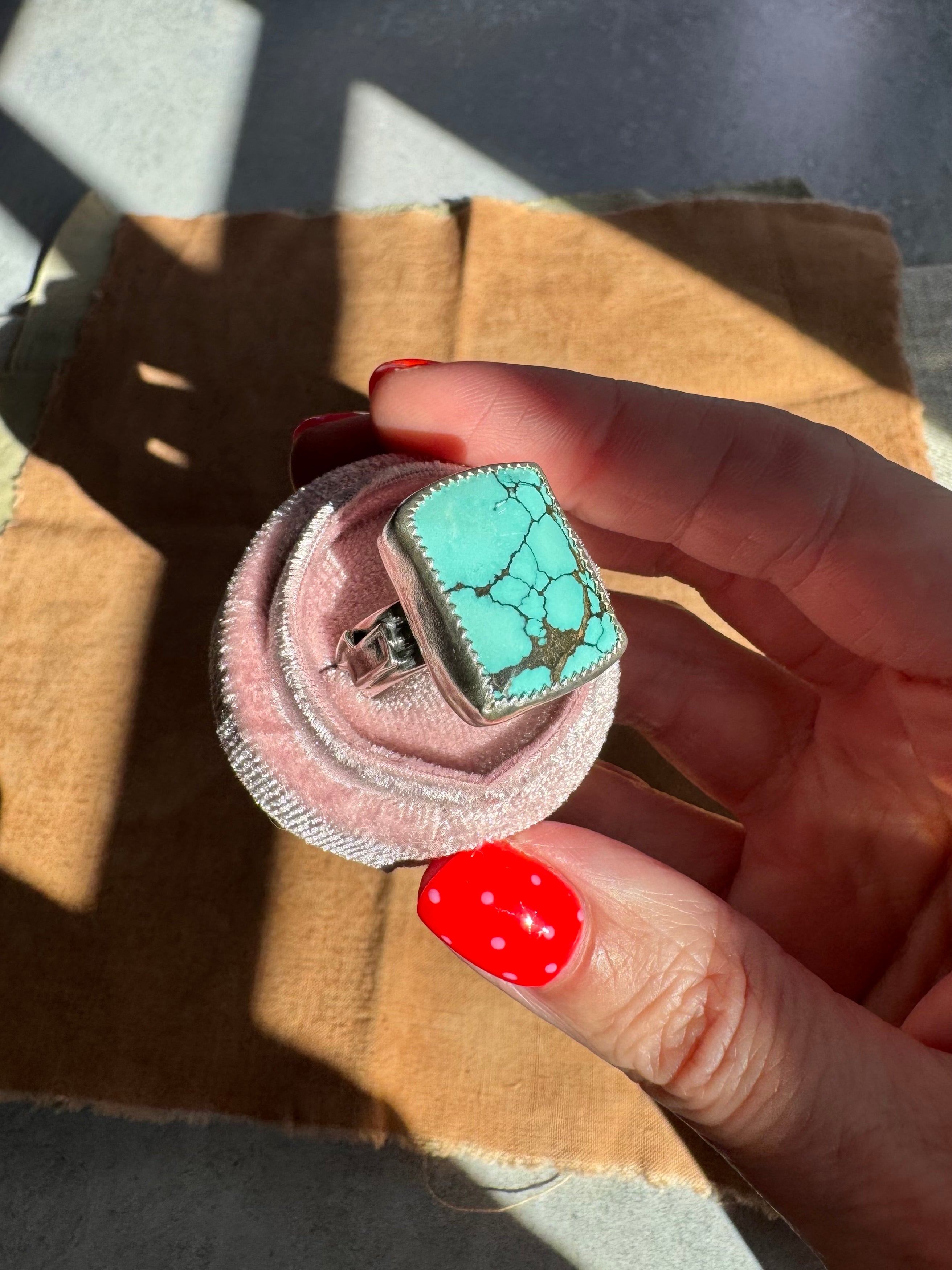 Turquoise Barrel Ring with Silver Lightning Bolts (Size 8-8.5)