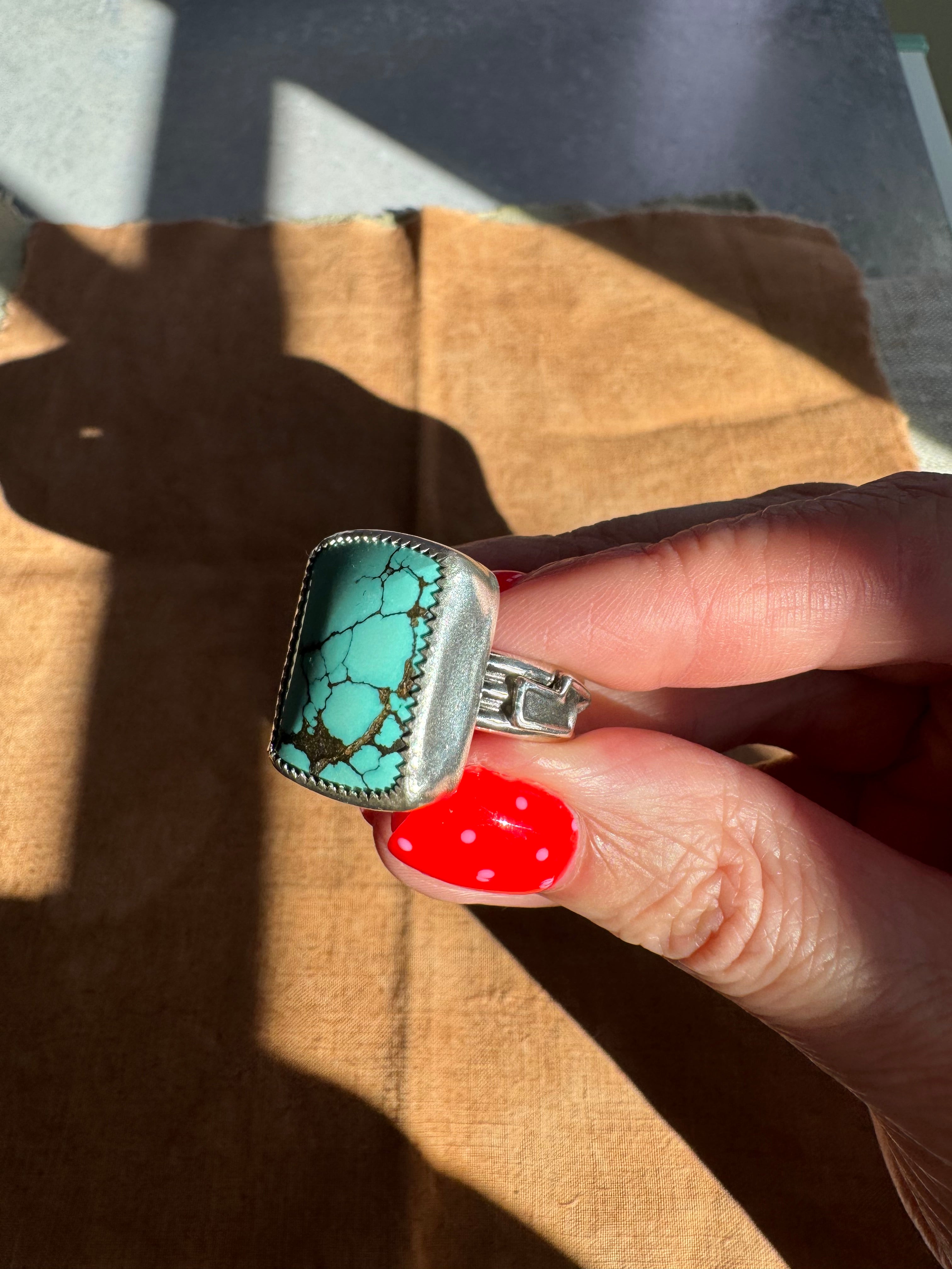 Turquoise Barrel Ring with Silver Lightning Bolts (Size 8-8.5)
