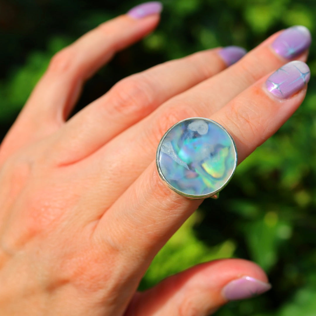 Ochoco Tube & New Zealand Abalone Ring | Iridescent Rainbow Ring | Size 6-6.25