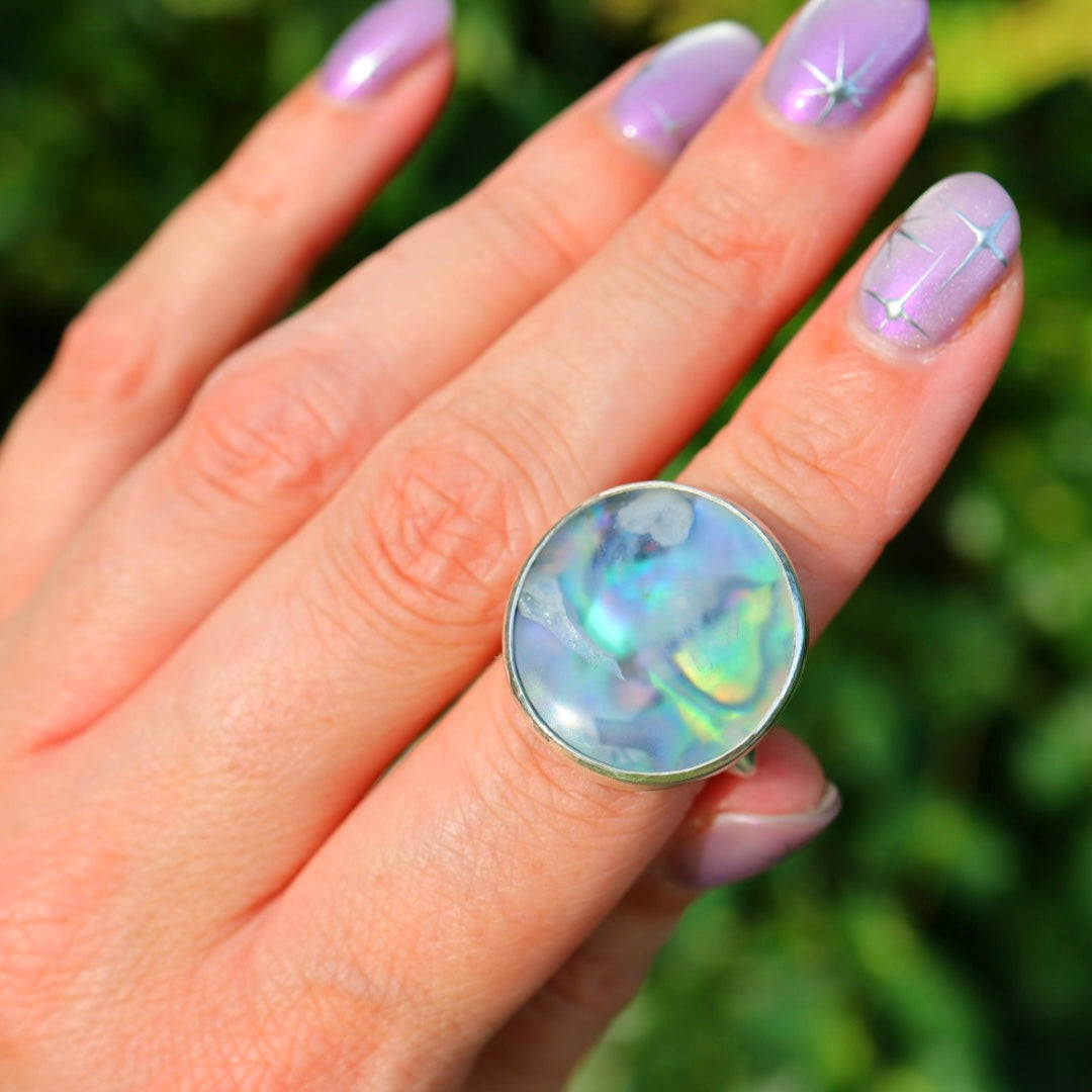 Ochoco Tube & New Zealand Abalone Ring | Iridescent Rainbow Ring | Size 6-6.25