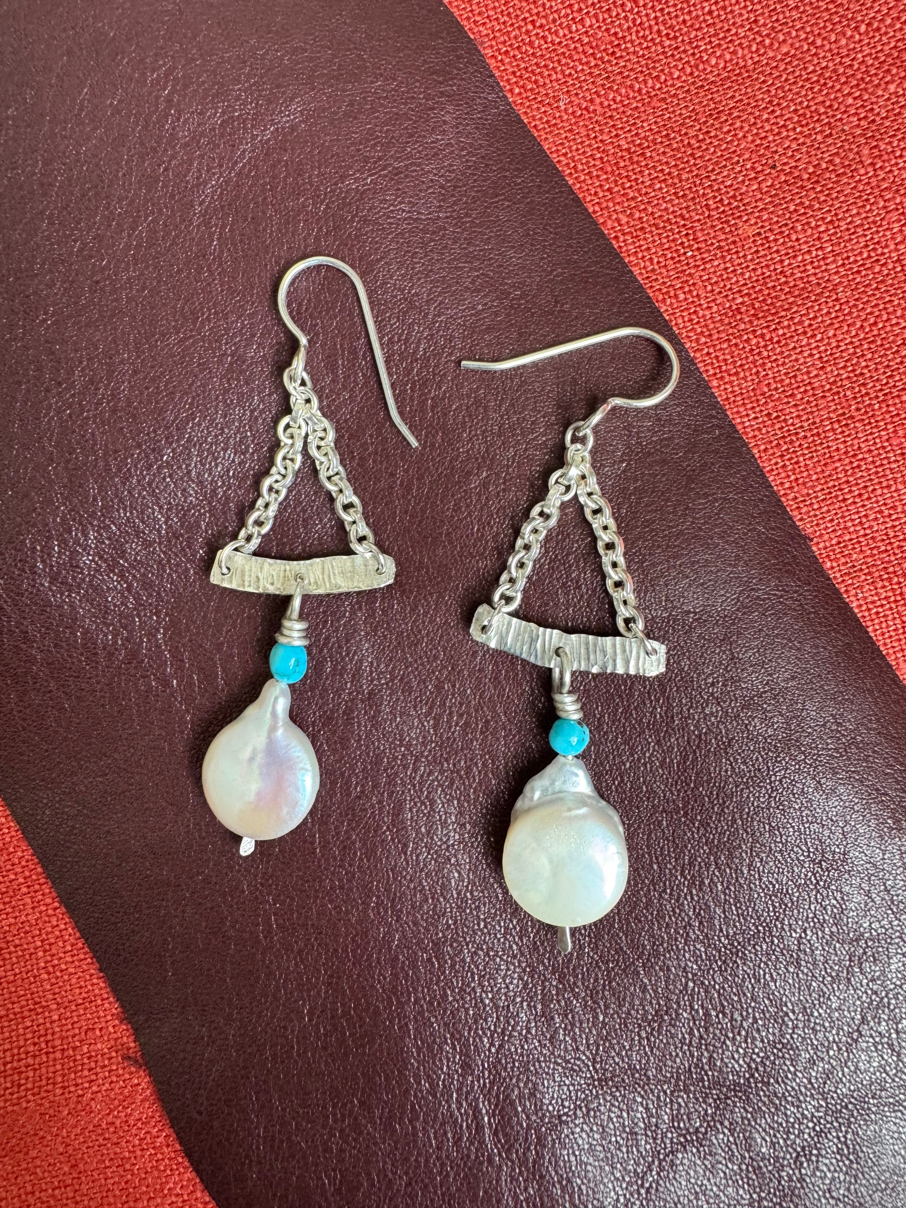 Sterling, Turquoise and Pearl Chain Earrings