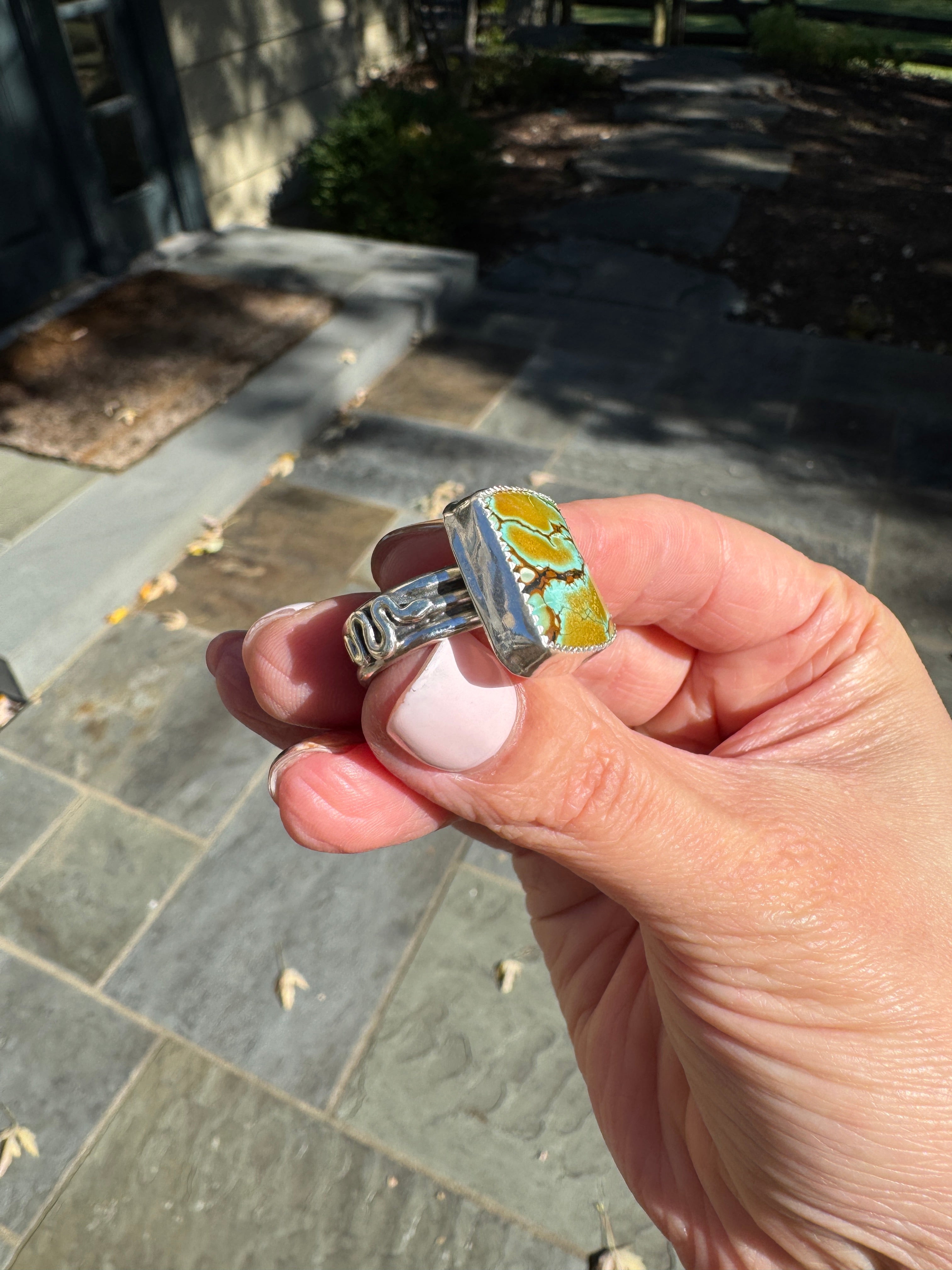 Americana ring. Southwest style turquoise with sterling silver snakes. Western rodeo cowboy style jewelry