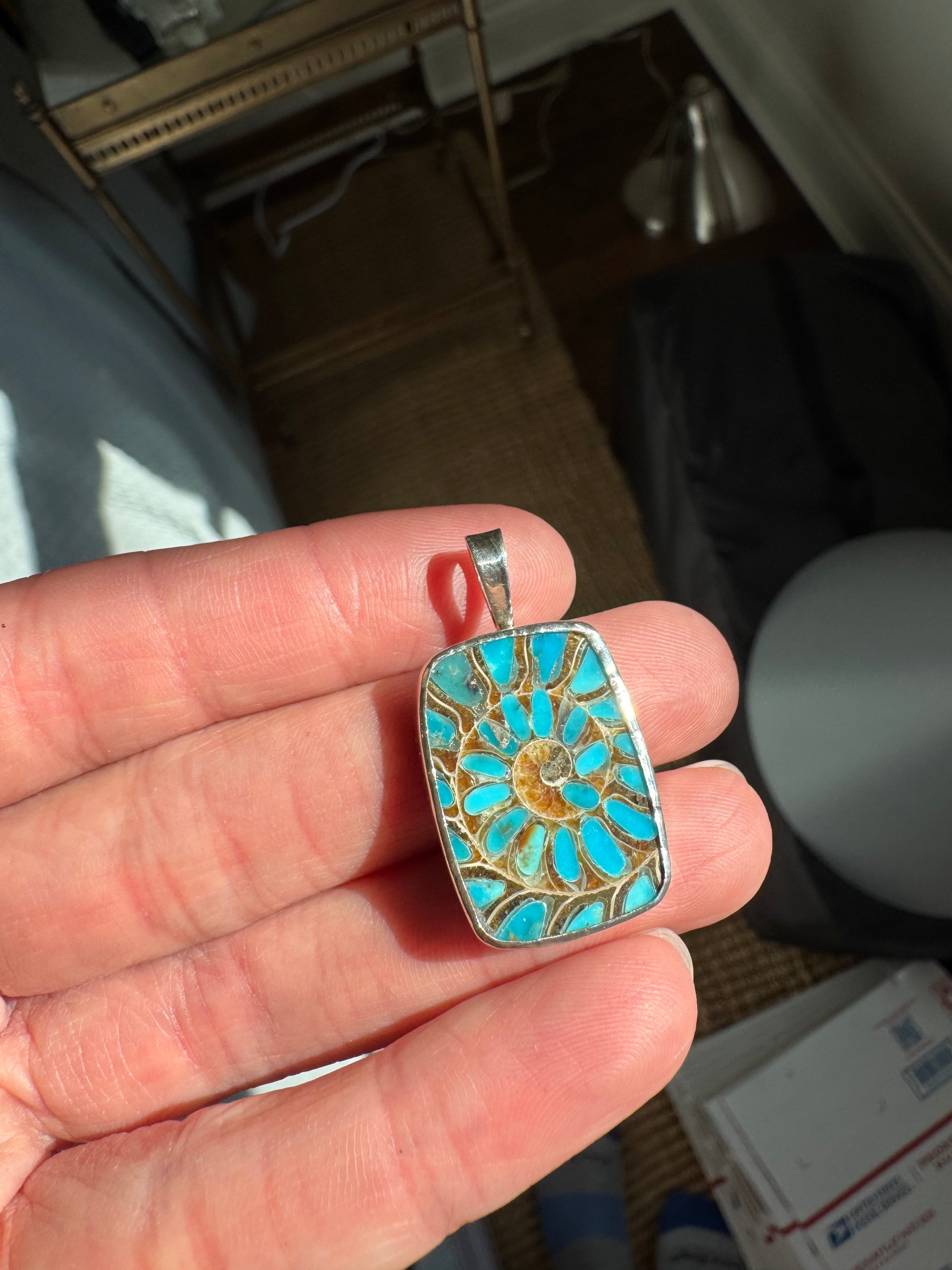 Ammonite Pendant with Turquoise
