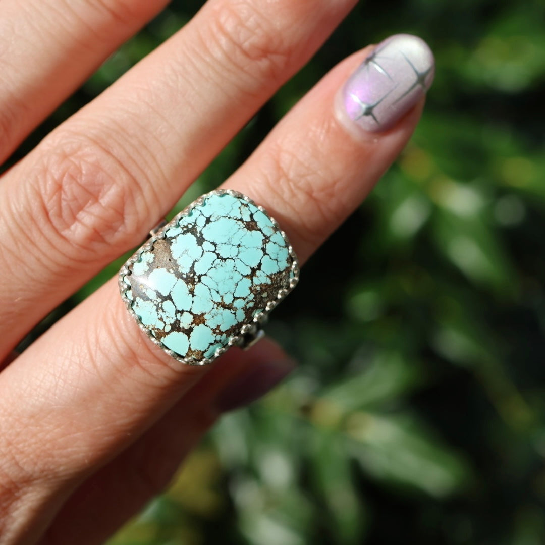 Turquoise Barrel Ring with Silver Lightning Bolts (Size 6.75-7)