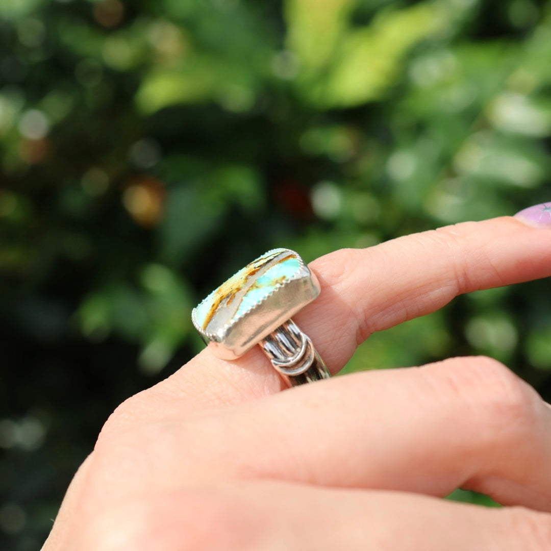 Turquoise Barrel Ring with Silver Moons (Size 4-4.25)