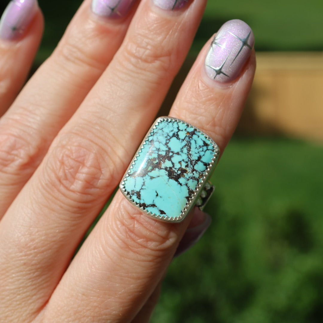 Turquoise Barrel Ring with Silver Moons (Size 5.5-5.75)