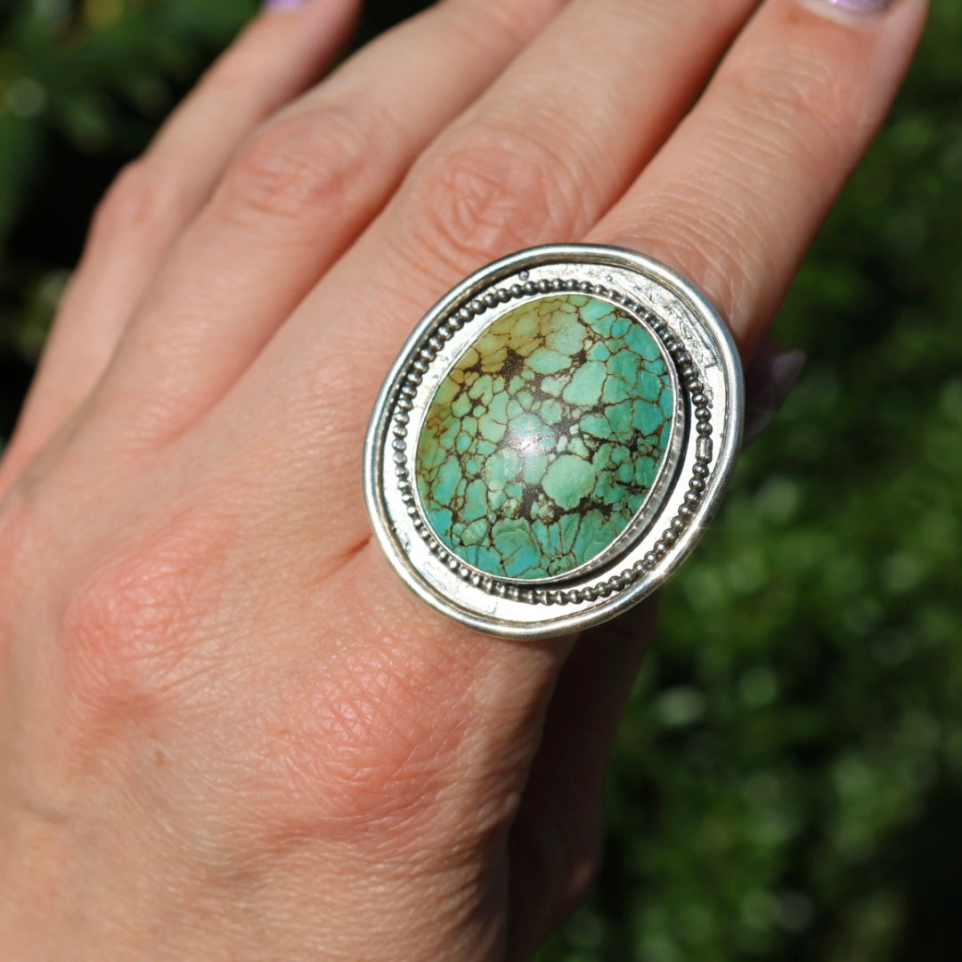 Turquoise Statement Ring in Sterling Silver | Decorative Sterling Border — One of a Kind | Size 7.5