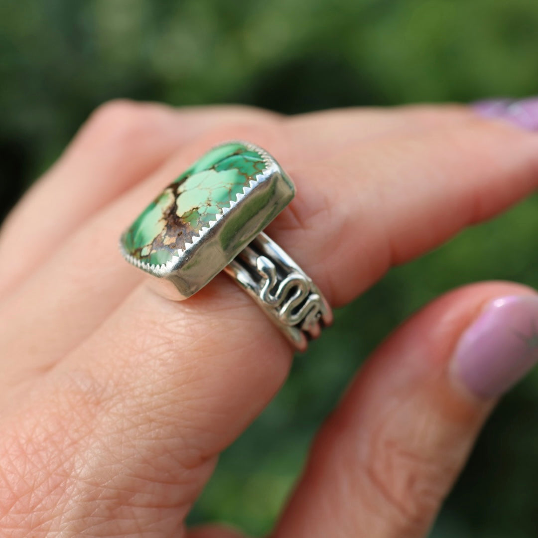 Turquoise Barrel Ring with Silver Snakes (Size 7)