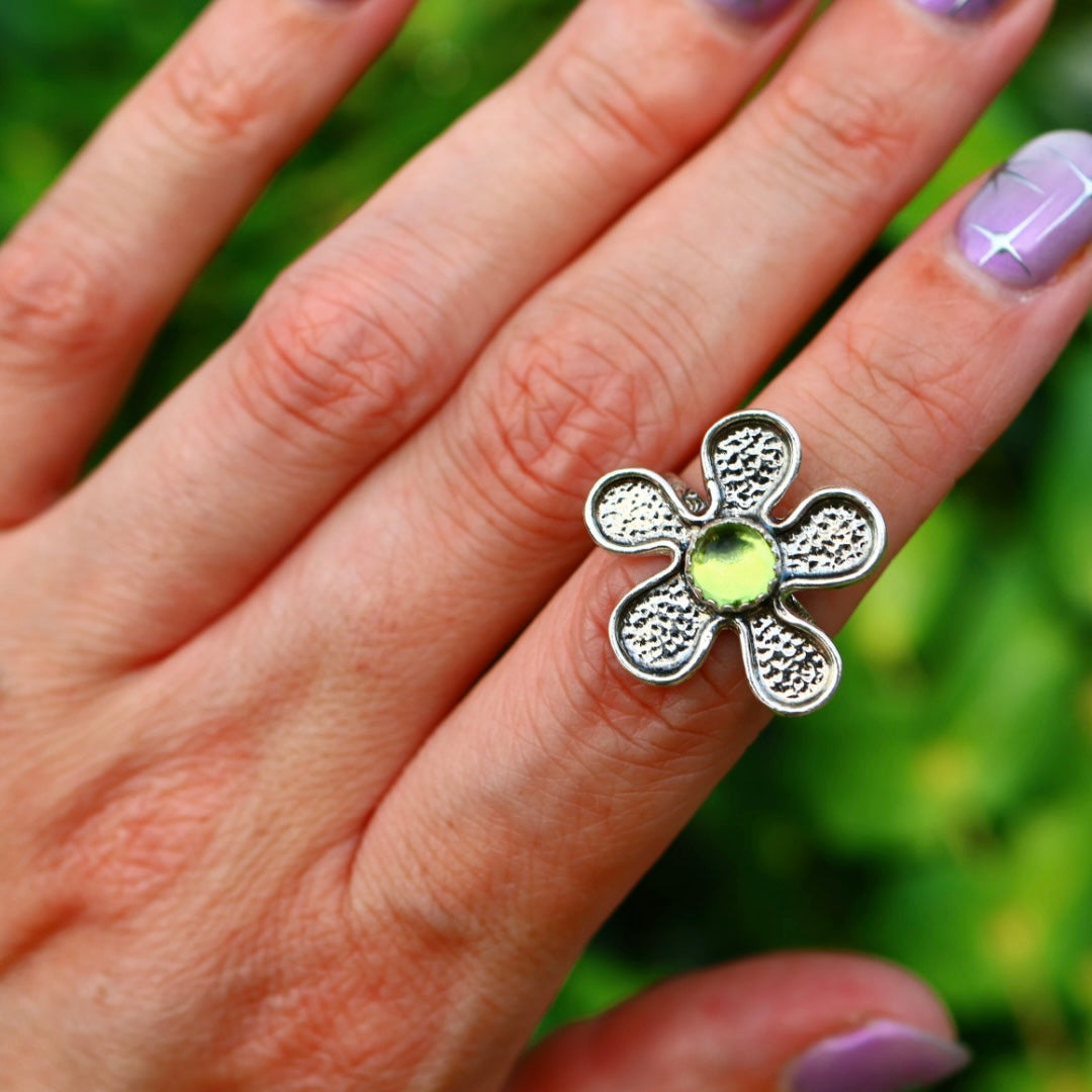 Sterling Silver Flower Ring with Peridot