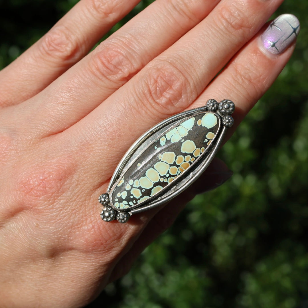 Turquoise Surfboard Ring in Sterling Silver | Decorative Sterling Border — Size 8, One of a Kind