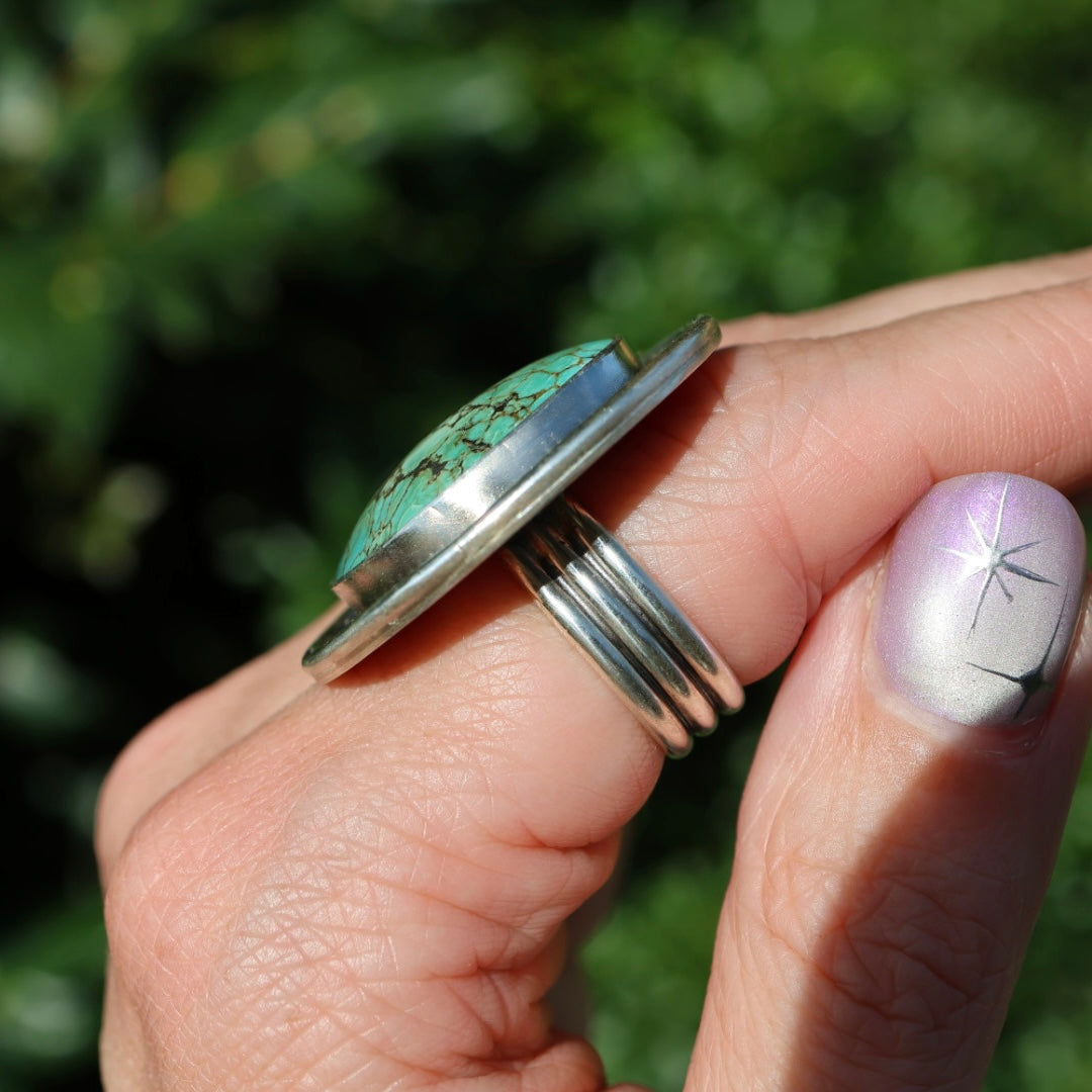 Turquoise Statement Ring in Sterling Silver | Decorative Sterling Border — One of a Kind | Size 7.5