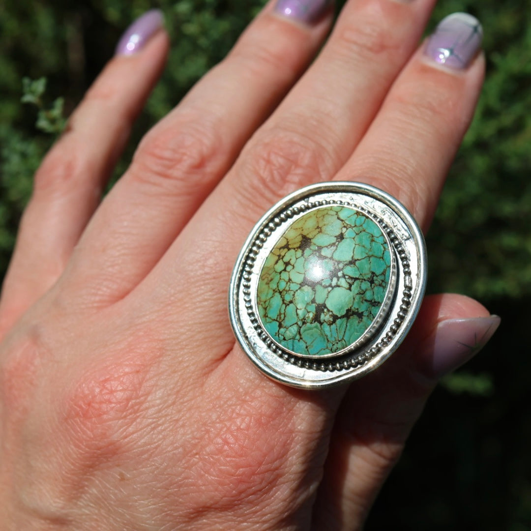 Turquoise Statement Ring in Sterling Silver | Decorative Sterling Border — One of a Kind | Size 7.5