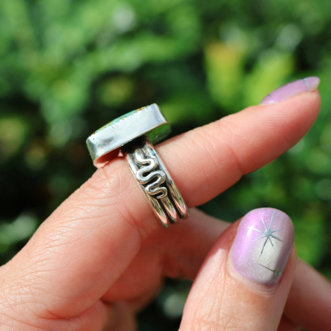 Turquoise Barrel Ring with Silver Snakes (Size 6.25)