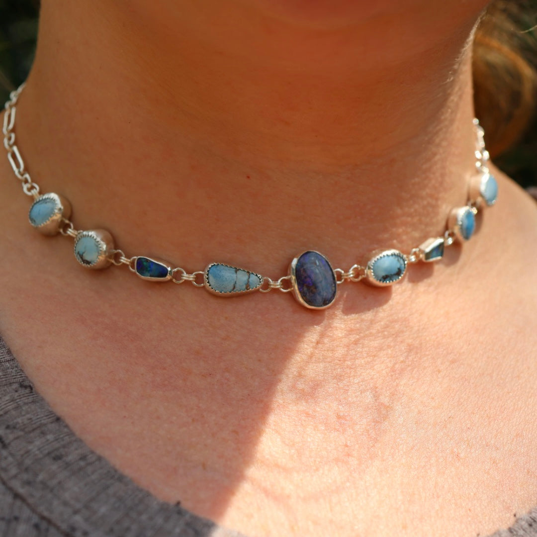 Opal and Golden Hills Turquoise Choker Necklace in Sterling Silver | Colorful Gemstone Statement — One of a Kind