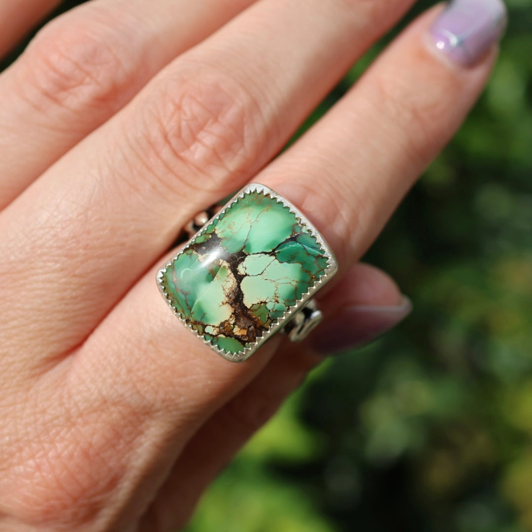 Turquoise Barrel Ring with Silver Snakes (Size 7)