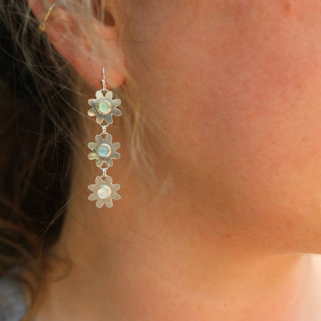 Daisy Chain Earrings with Chrysoprase, Aquamarine & Rainbow Moonstone