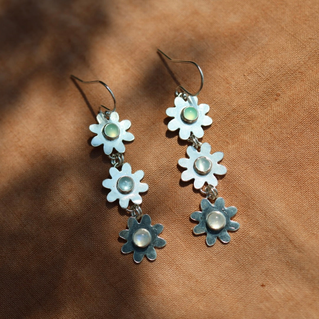 Daisy Chain Earrings with Chrysoprase, Aquamarine & Rainbow Moonstone