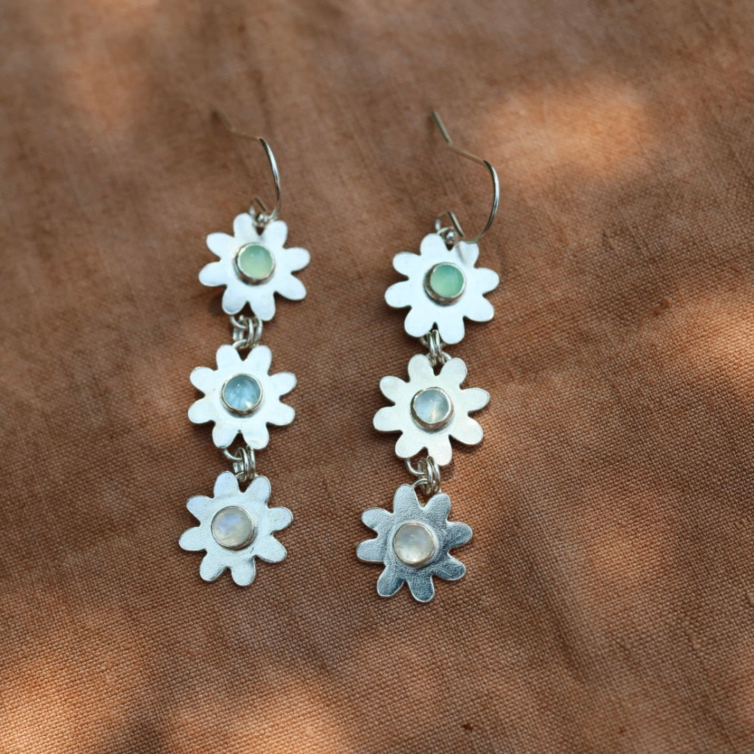 Daisy Chain Earrings with Chrysoprase, Aquamarine & Rainbow Moonstone