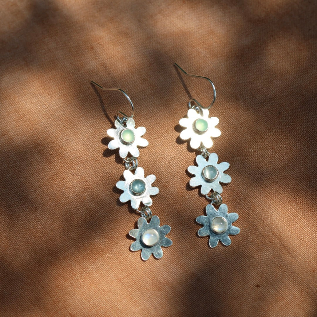 Daisy Chain Earrings with Chrysoprase, Aquamarine & Rainbow Moonstone
