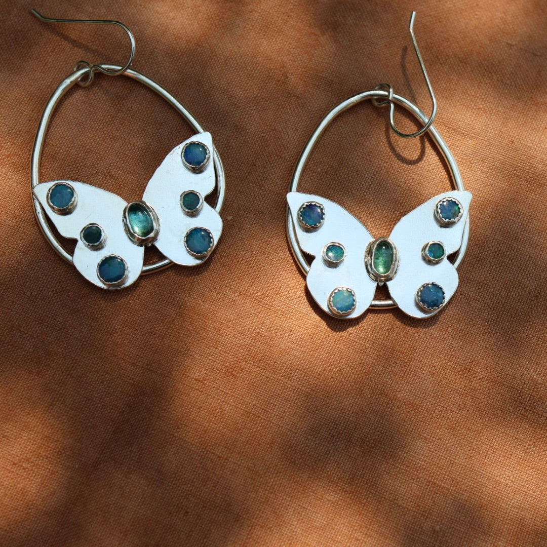 Tourmaline & Opal Sterling Silver Butterfly Earrings