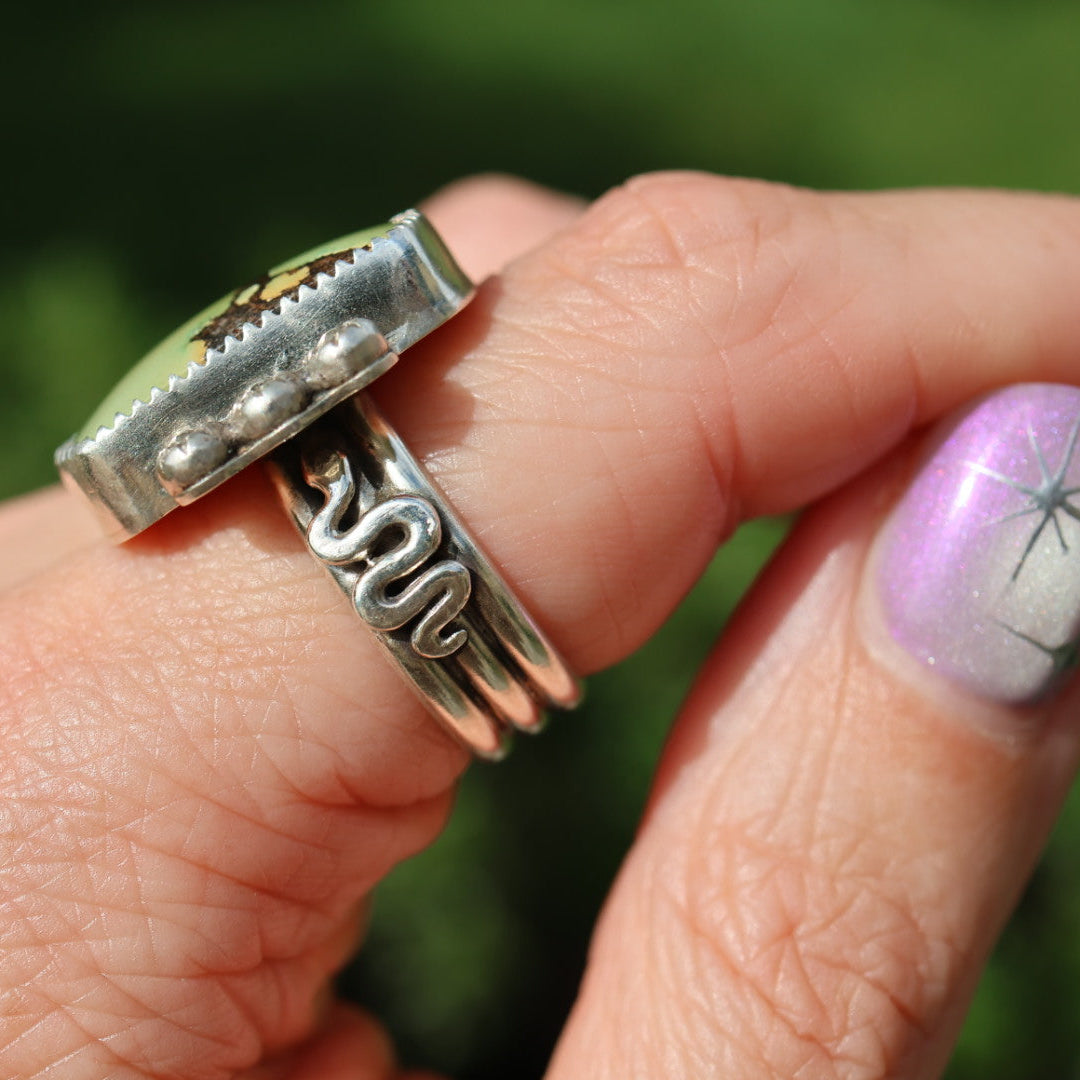 Turquoise Barrel Ring with Silver Snakes (Size 9)