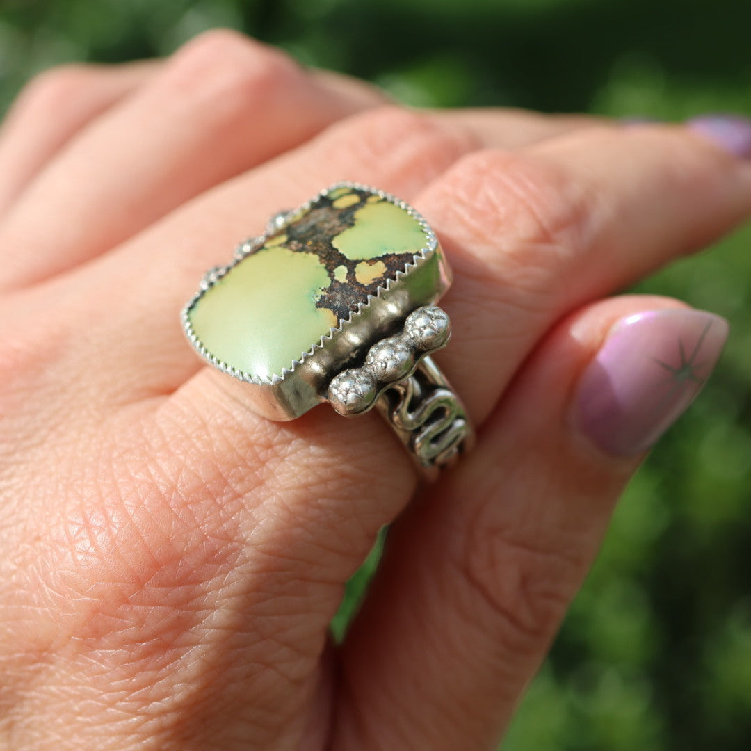 Turquoise Barrel Ring with Silver Snakes (Size 9)