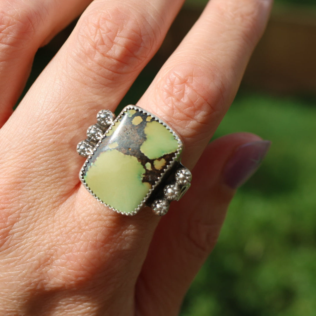 Turquoise Barrel Ring with Silver Snakes (Size 9)