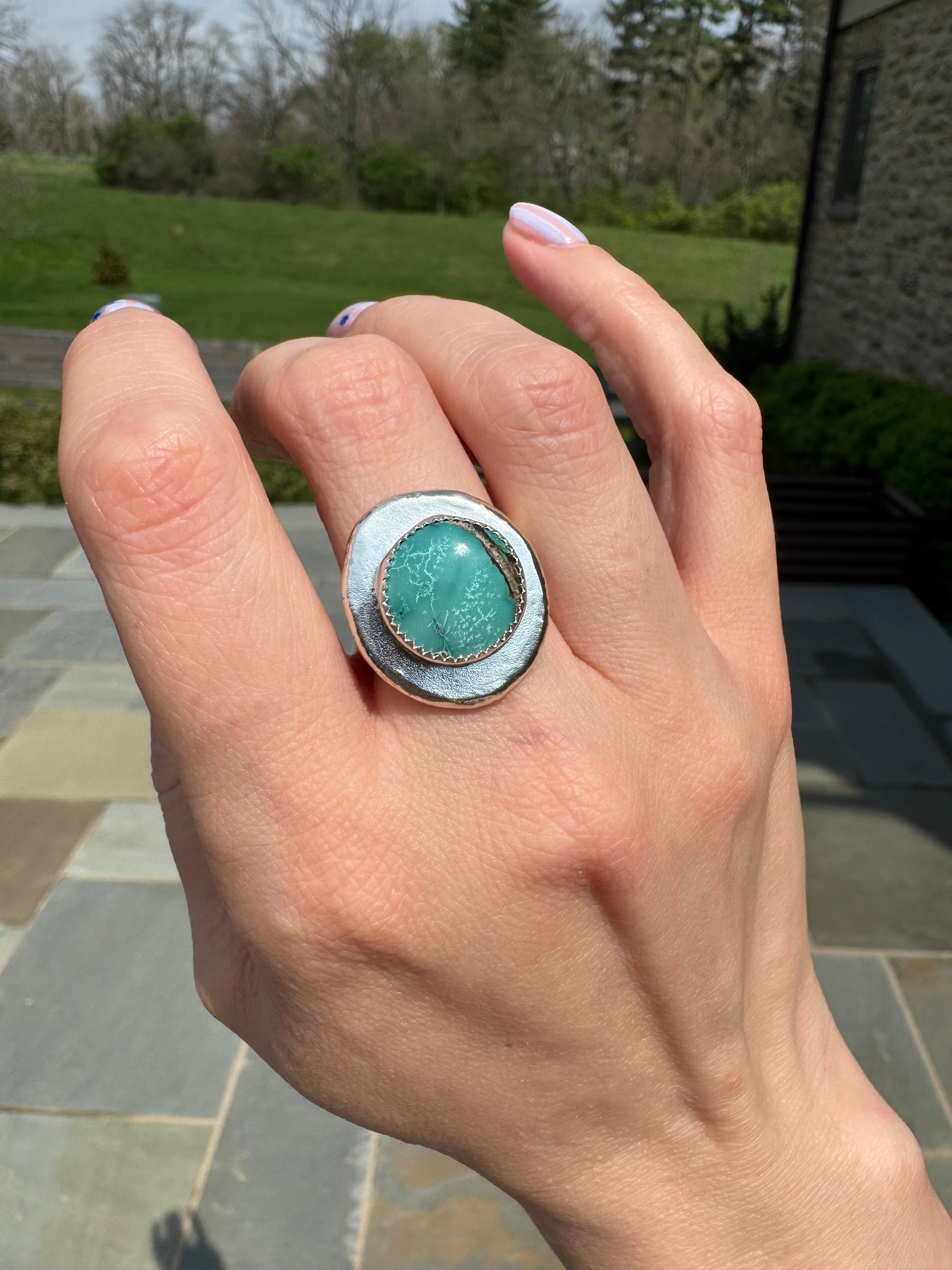 Blue turquoise silver medallion ring 
