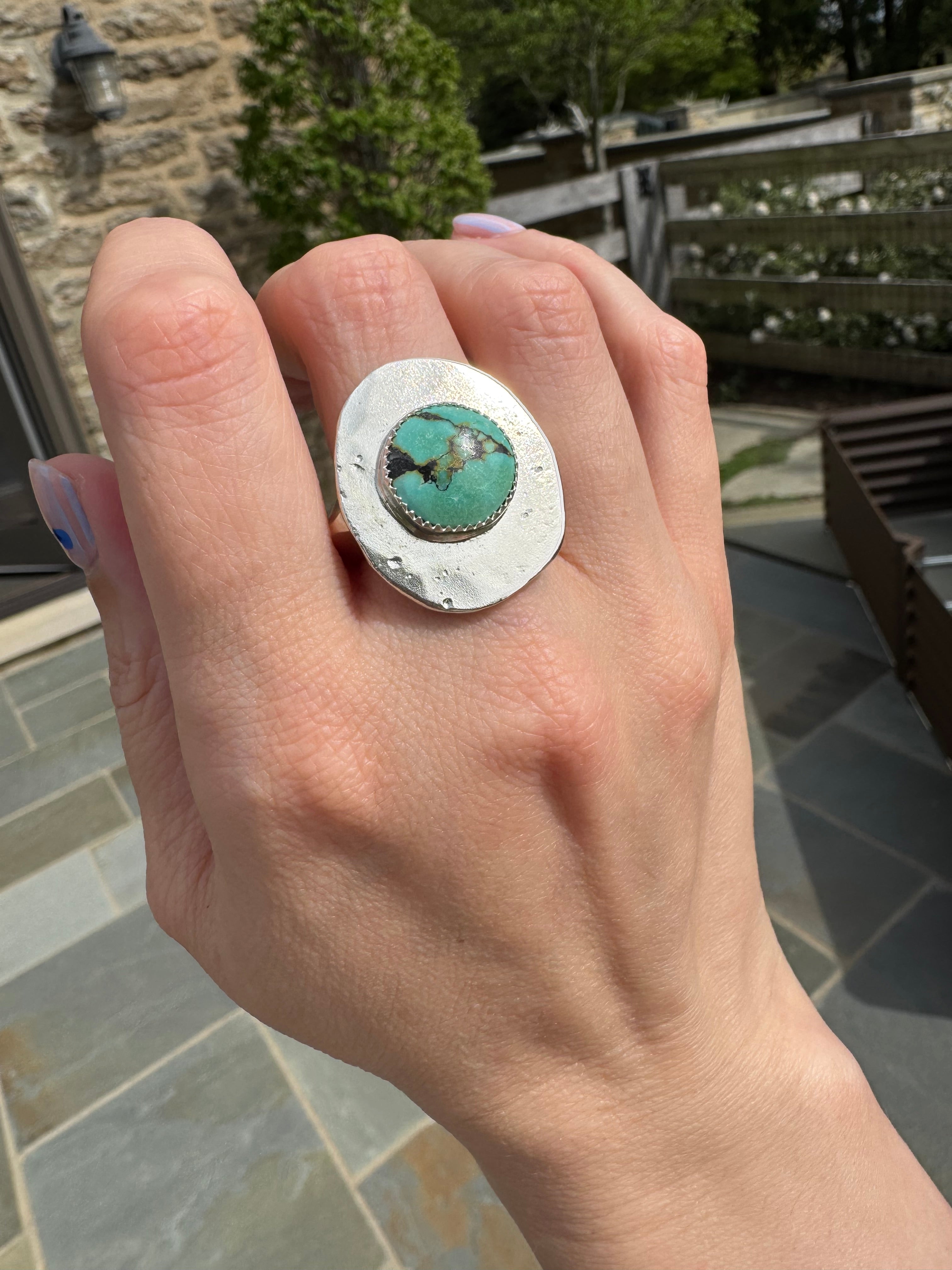 Blue turquoise silver medallion ring 