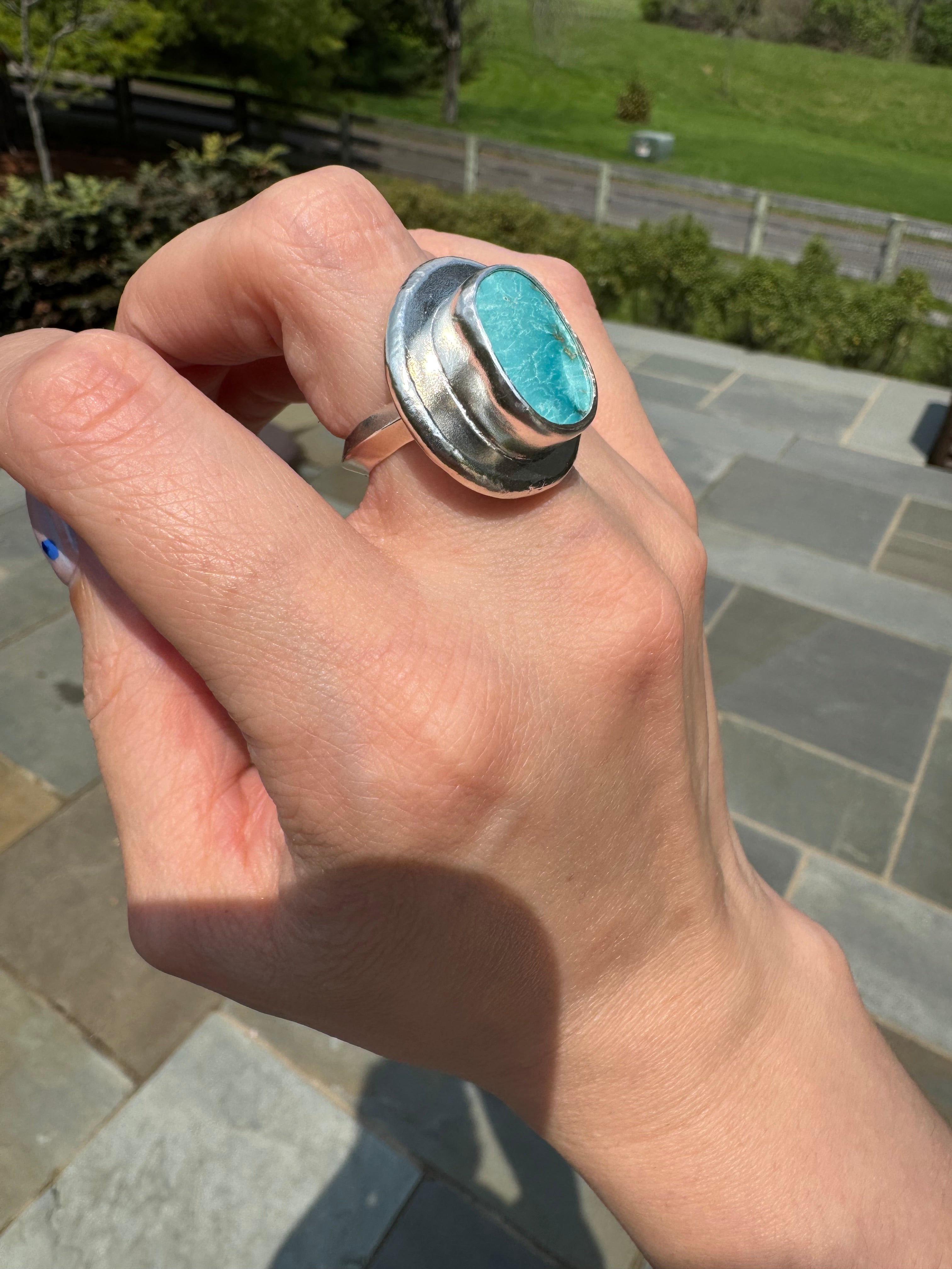 Blue turquoise silver medallion ring 