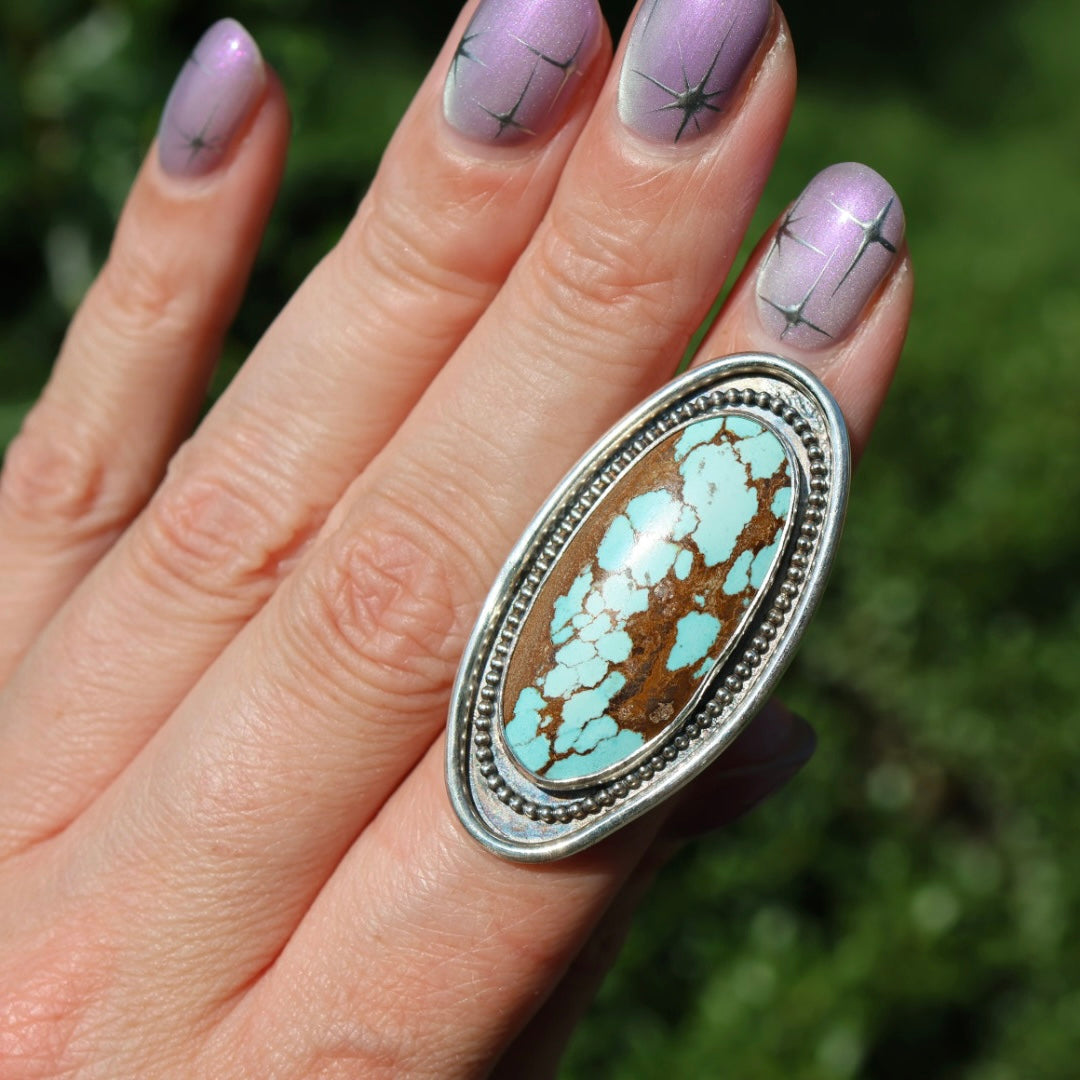 Turquoise Surfboard Ring in Sterling Silver | Decorative Sterling Border — One of a Kind | Size 5.5