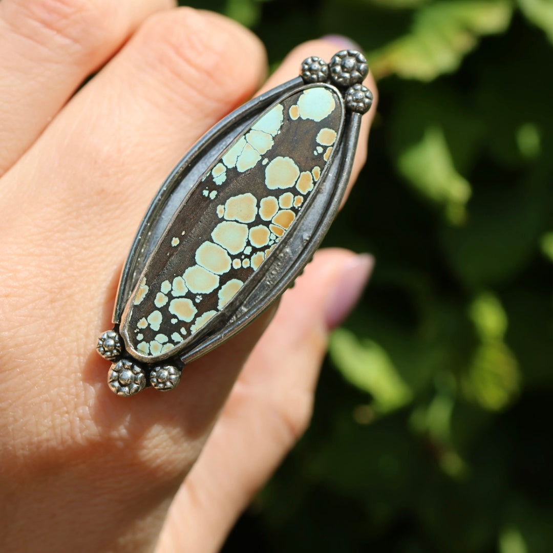 Turquoise Surfboard Ring in Sterling Silver | Decorative Sterling Border — Size 8, One of a Kind
