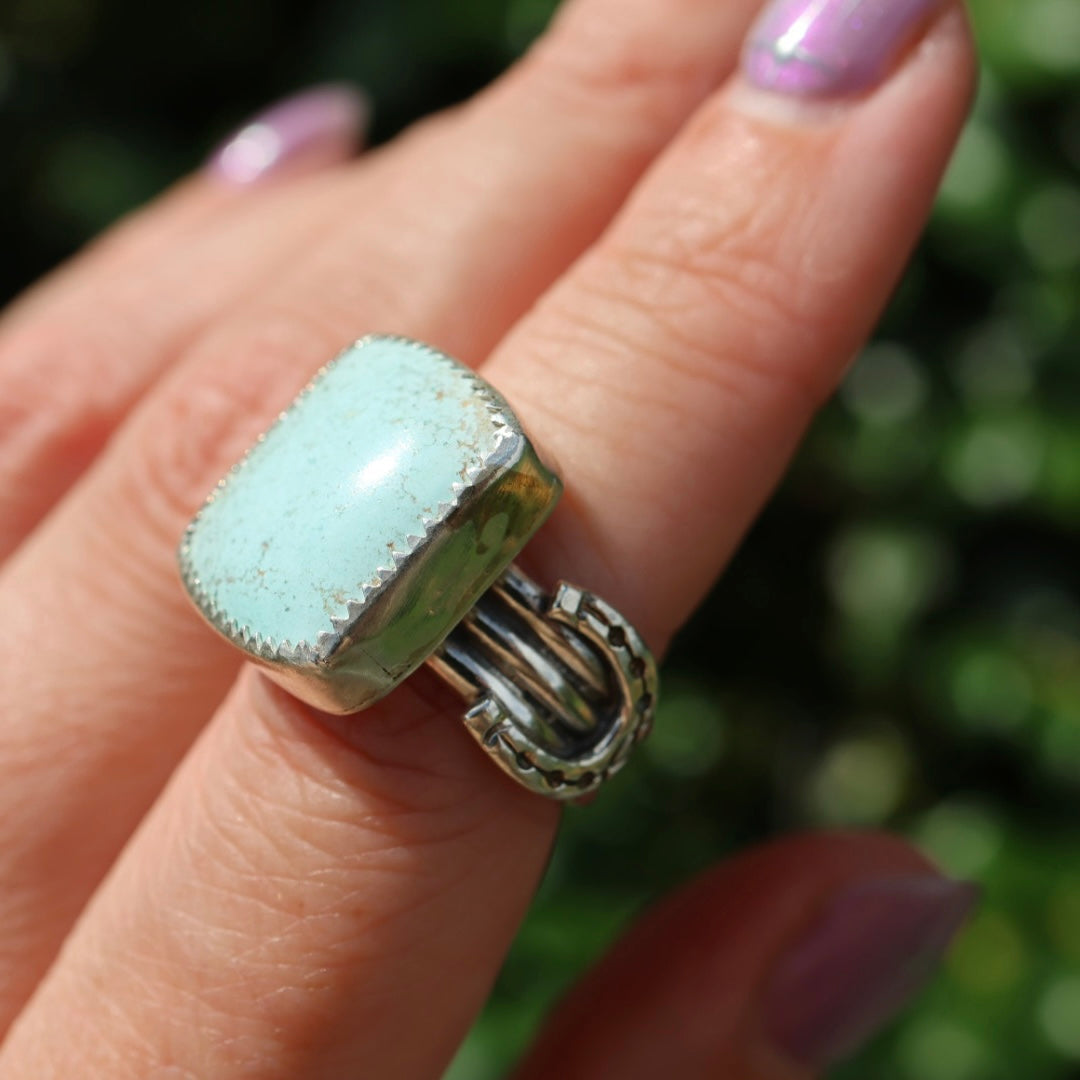 Turquoise Barrel Ring with Horseshoes (Size 7)