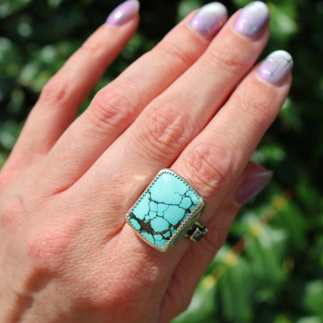 Turquoise Barrel Ring with Silver Lightning Bolts (Size 8-8.5)