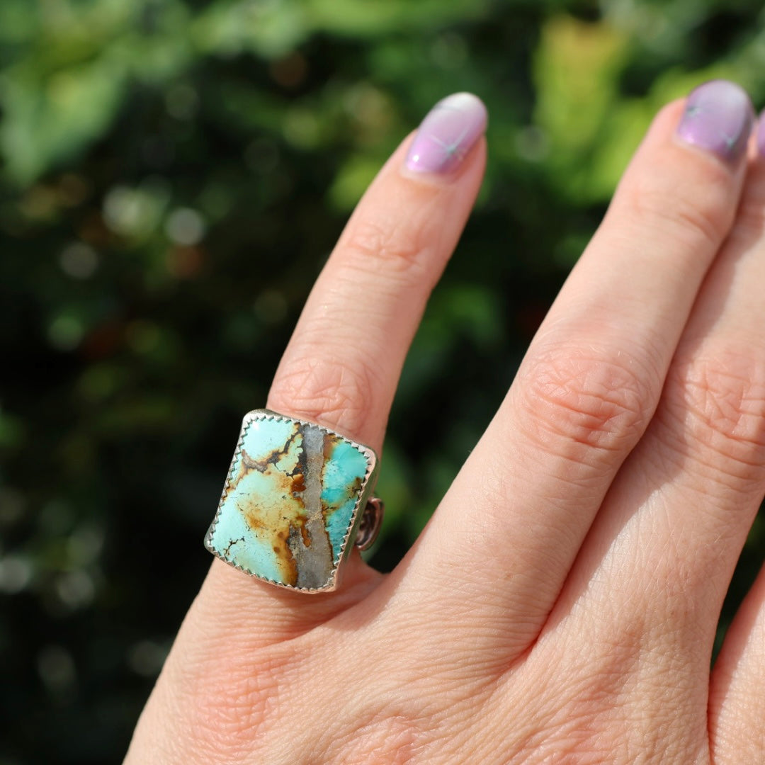 Turquoise Barrel Ring with Silver Moons (Size 4-4.25)