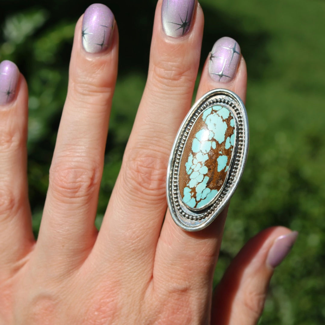 Turquoise Surfboard Ring in Sterling Silver | Decorative Sterling Border — One of a Kind | Size 5.5