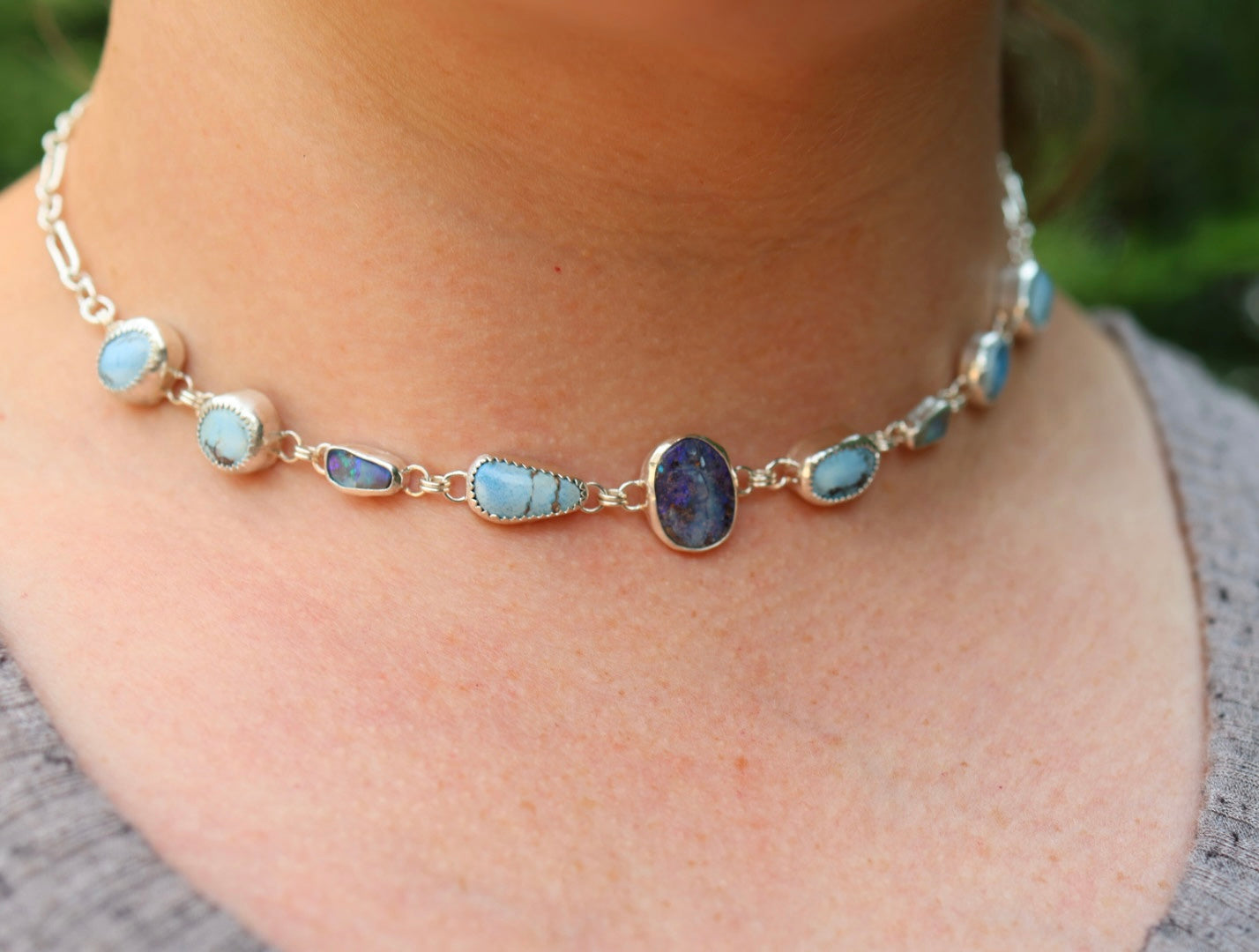 Opal and Golden Hills Turquoise Choker Necklace in Sterling Silver | Colorful Gemstone Statement — One of a Kind