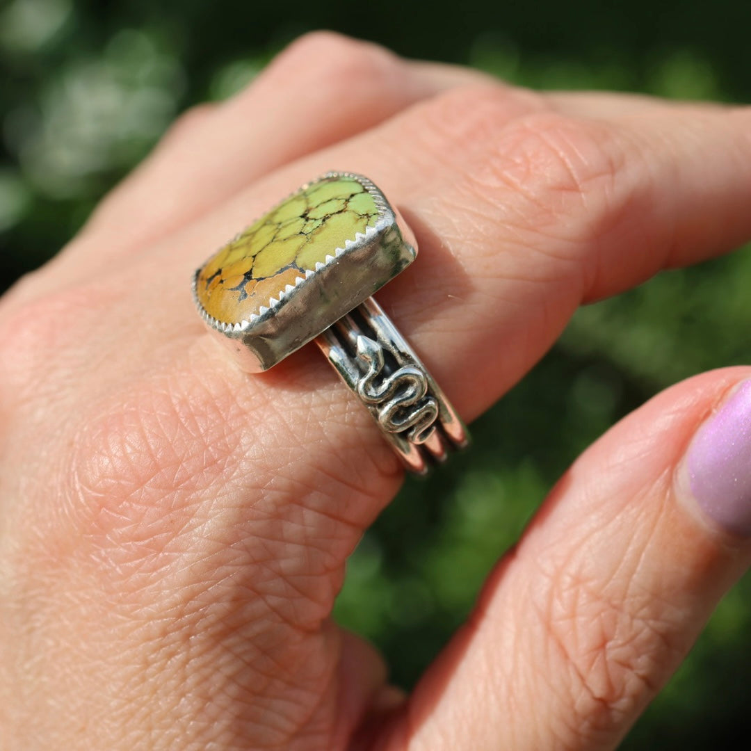 Turquoise Barrel Ring with Silver Snakes (Size 10.25)