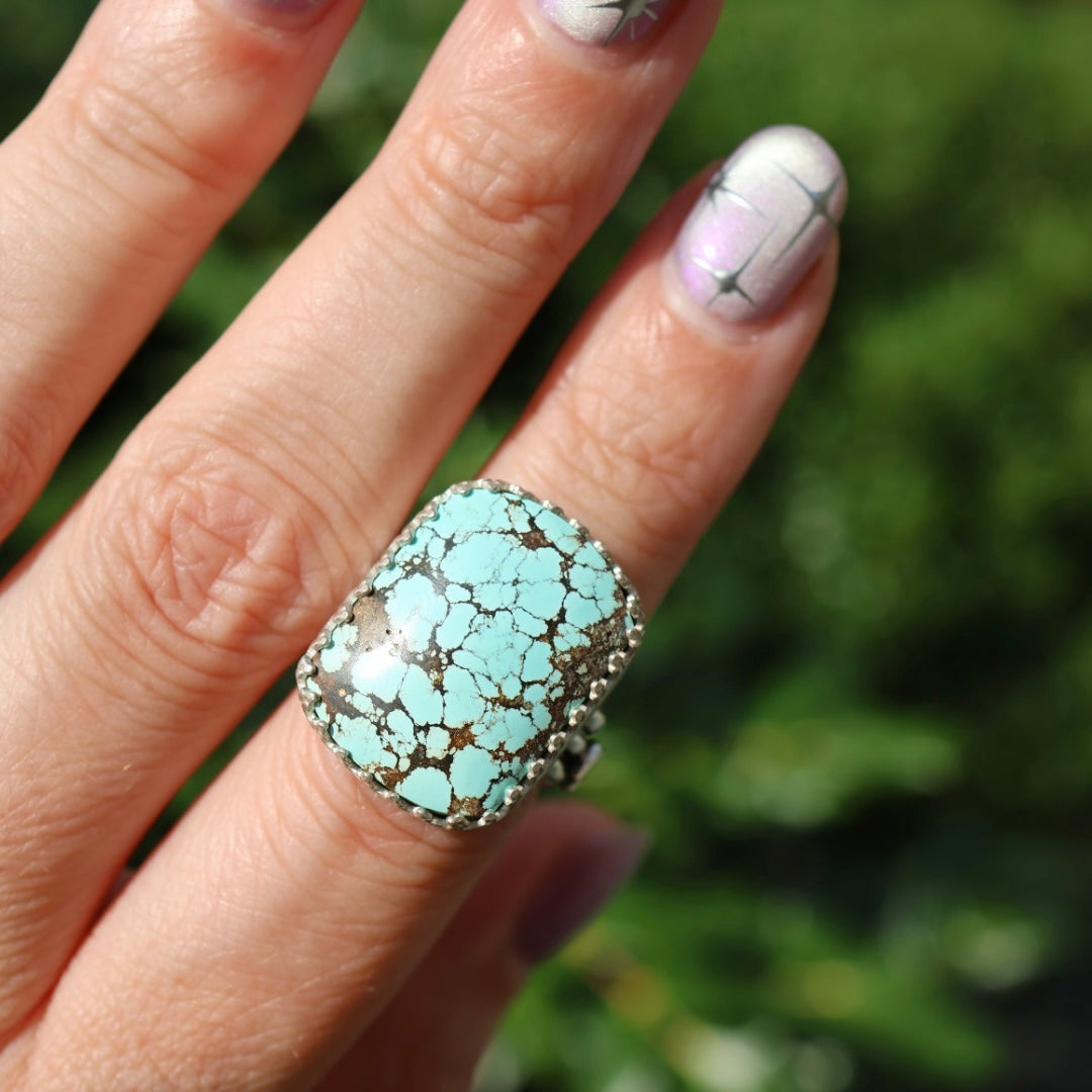 Turquoise Barrel Ring with Silver Lightning Bolts (Size 6.75-7)