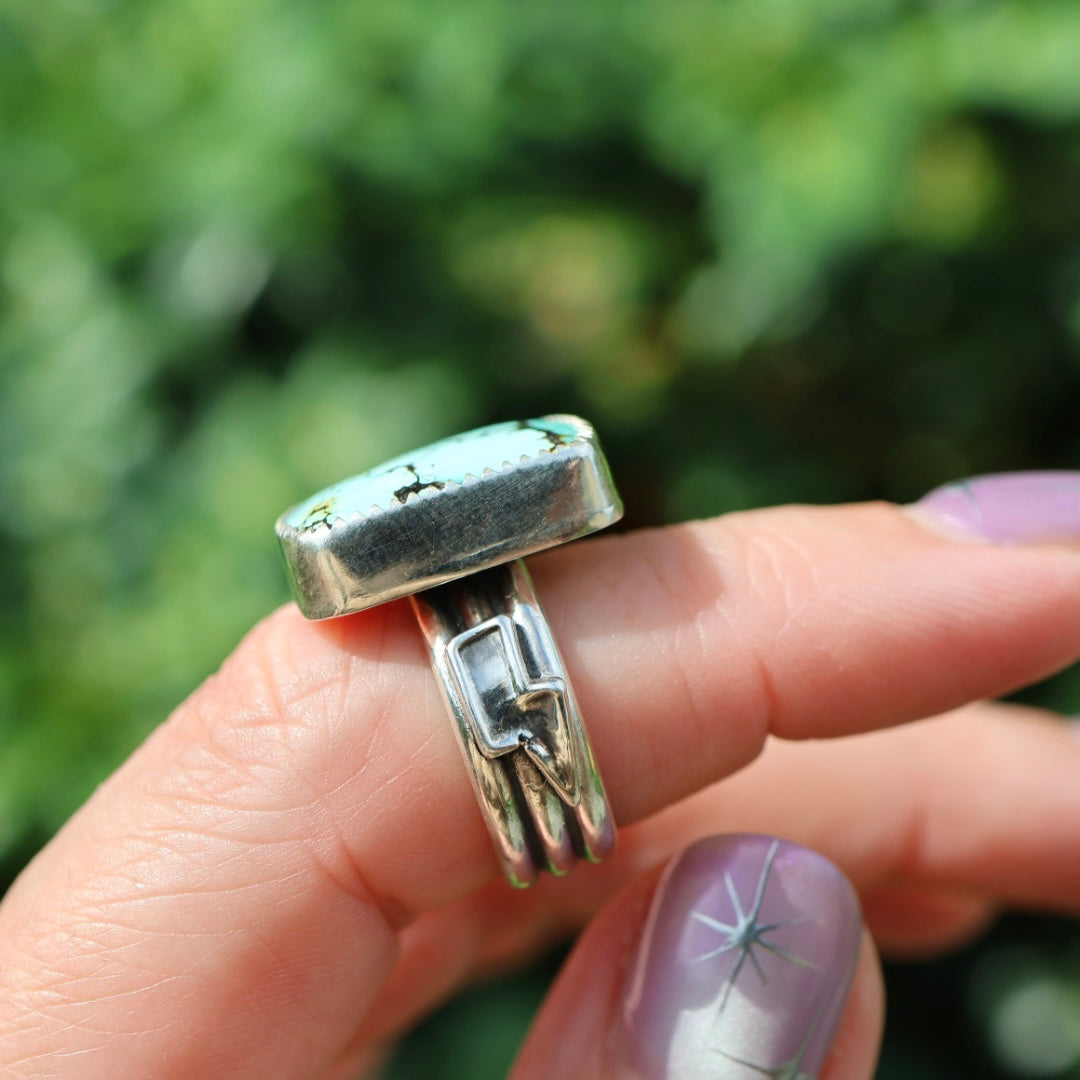 Turquoise Barrel Ring with Silver Lightning Bolts (Size 6)