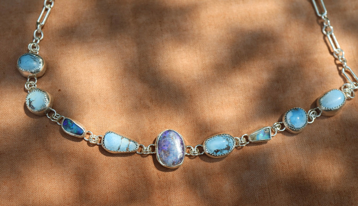 Opal and Golden Hills Turquoise Choker Necklace in Sterling Silver | Colorful Gemstone Statement — One of a Kind