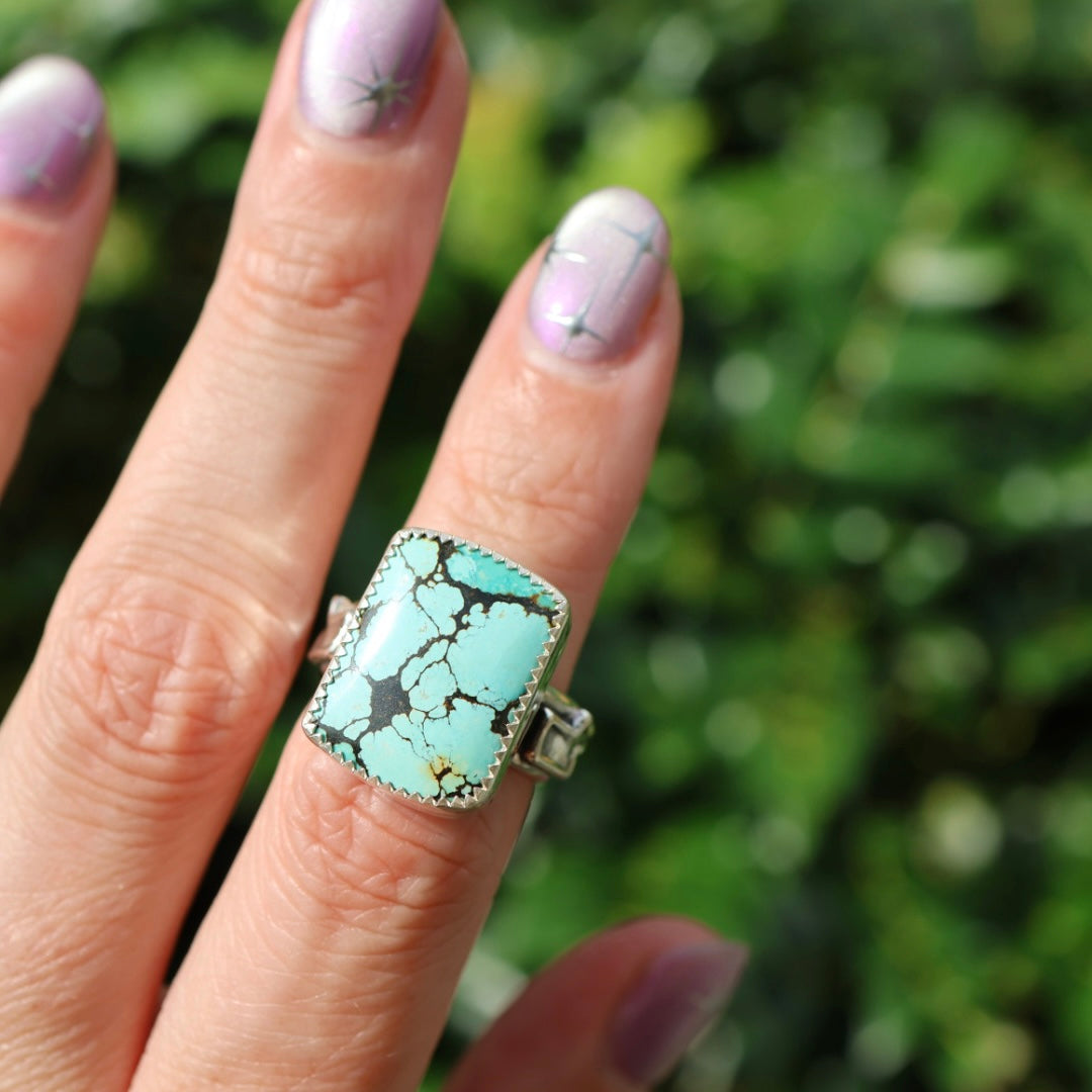 Turquoise Barrel Ring with Silver Lightning Bolts (Size 6)