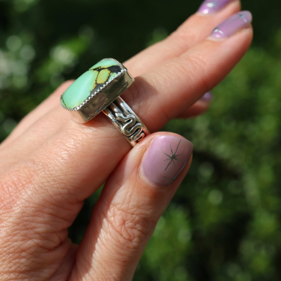 Turquoise Barrel Ring with Silver Snakes (Size 7.25)
