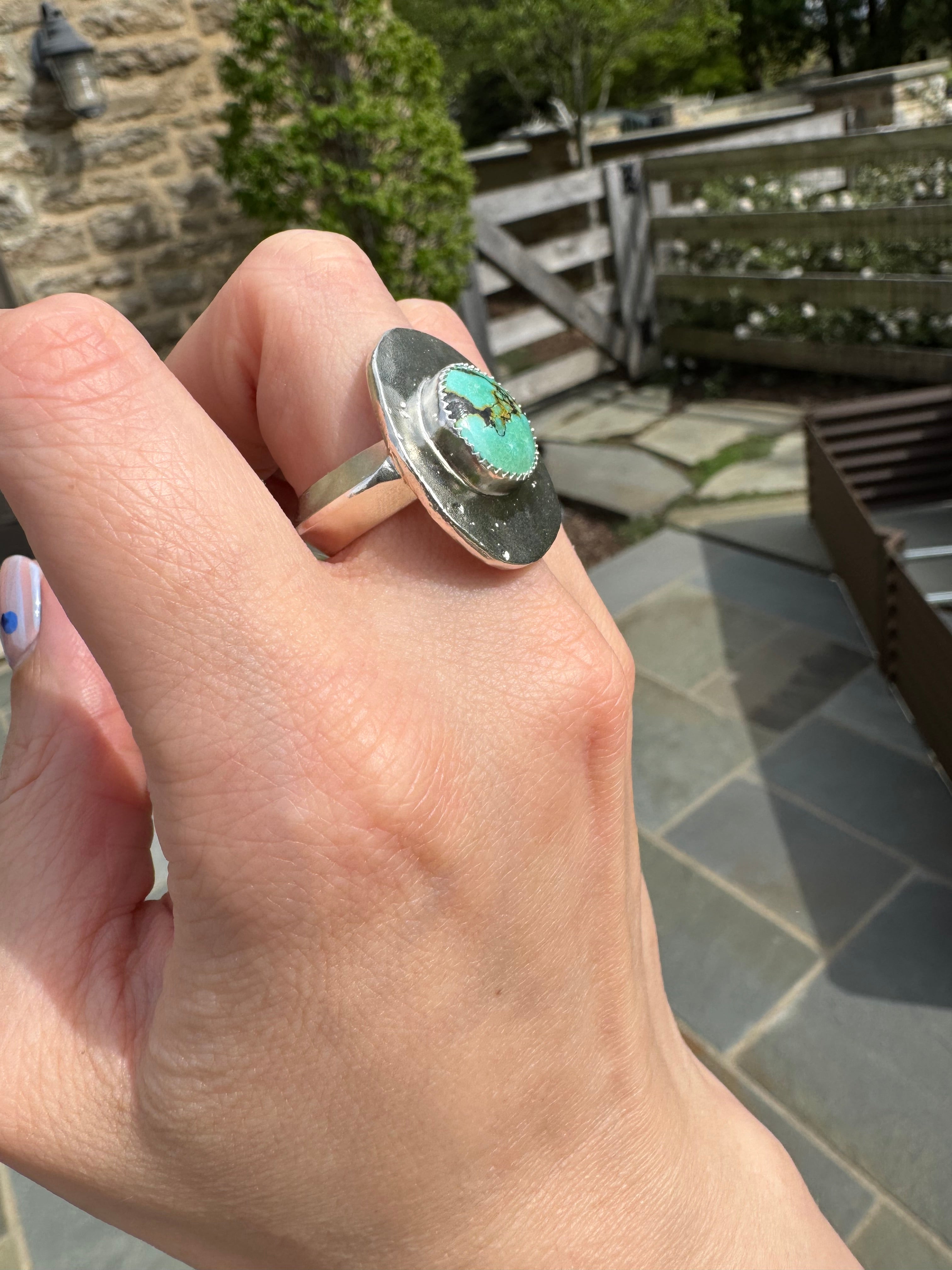 Blue turquoise silver medallion ring 