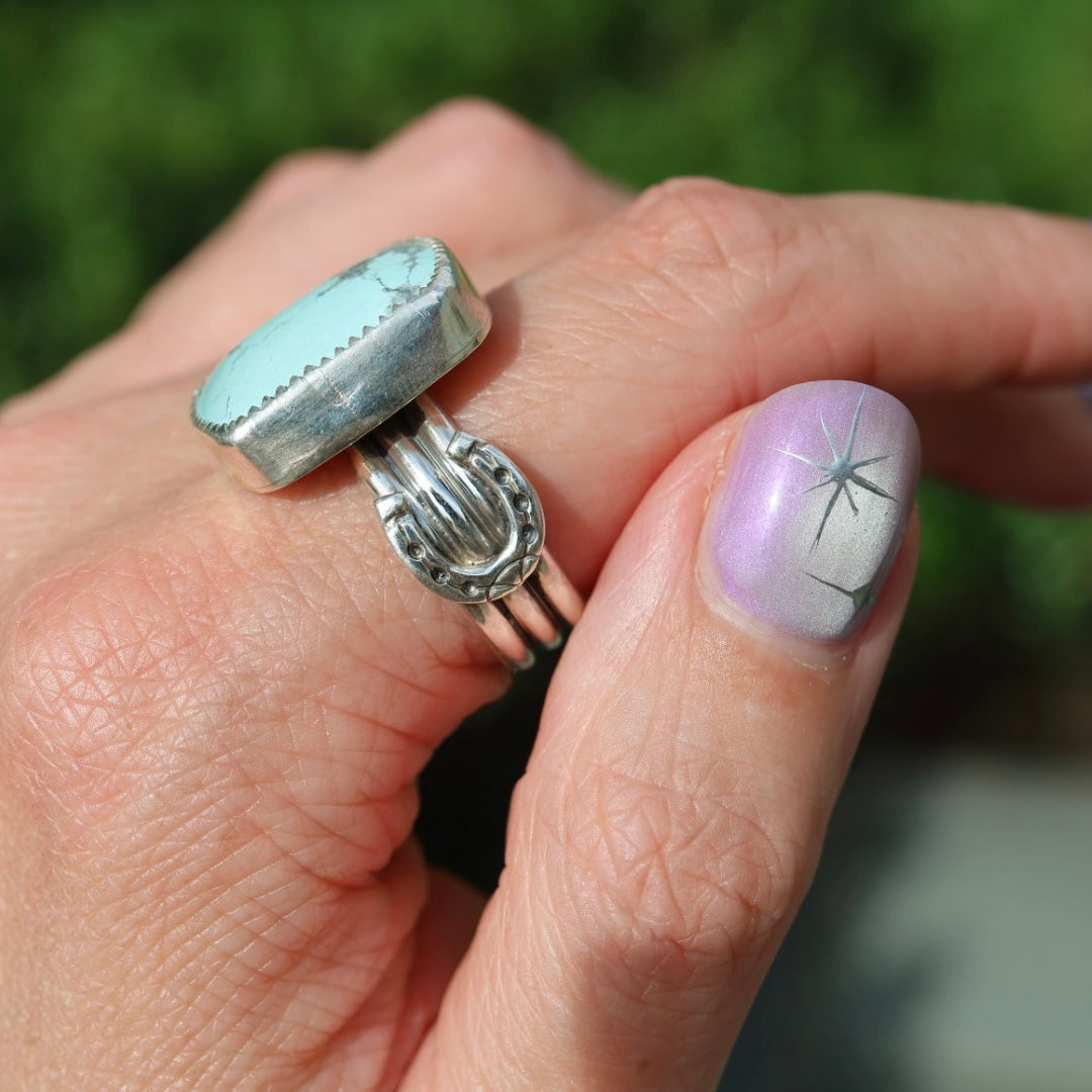 Turquoise Barrel Ring with Horseshoes (Size 9.25)