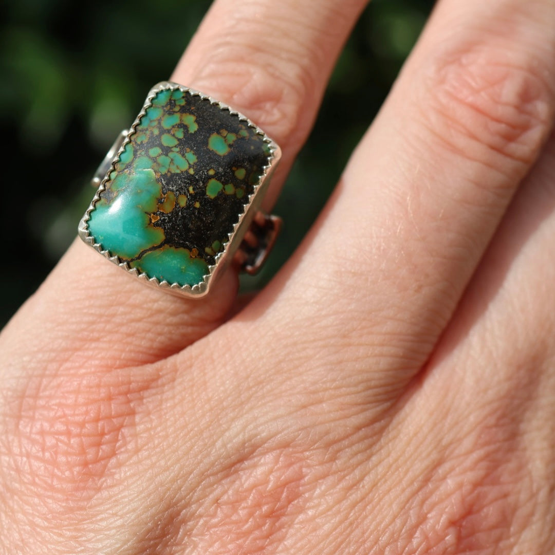 Turquoise Barrel Ring with Silver Moons (Size 4.5)