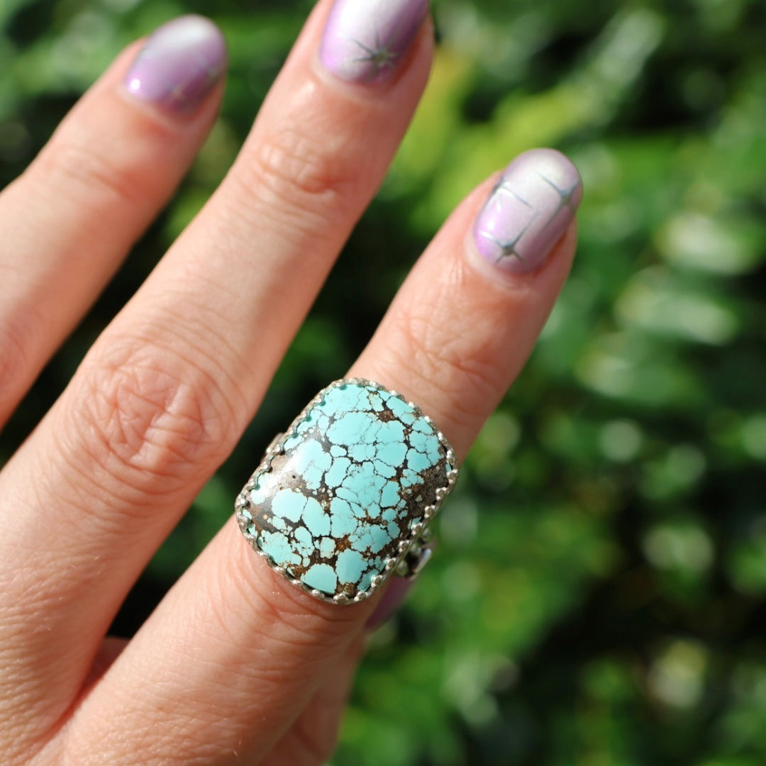 Turquoise Barrel Ring with Silver Lightning Bolts (Size 6.75-7)