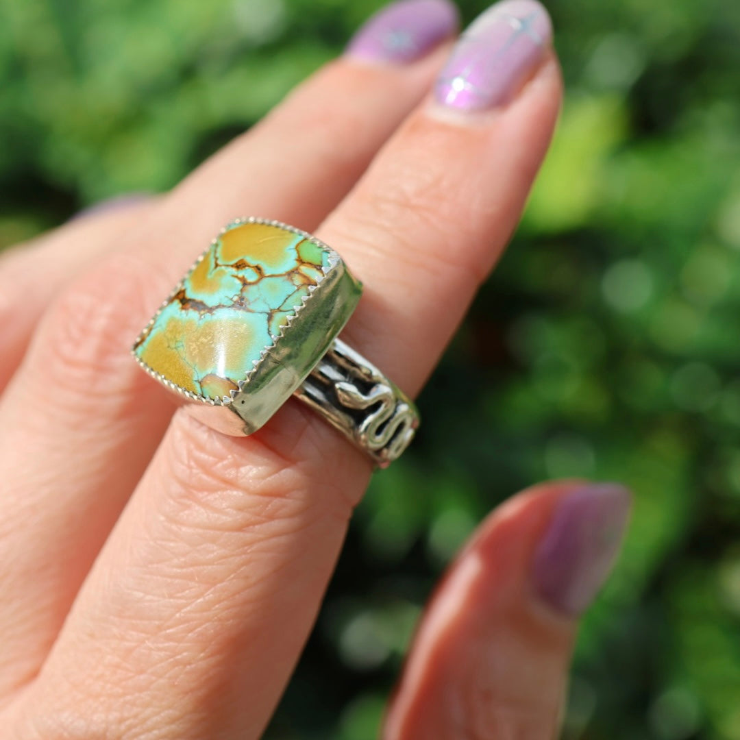 Turquoise Barrel Ring with Silver Snakes (Size 6.25)